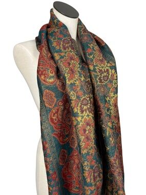 Arden B Floral Pashmina Cotton Blend Wrap Scarf Teal Blue Red Gold